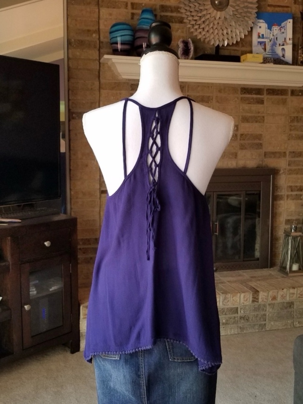 Dark Navy Blue Lace-up Racerback Gauze Tank Top Casual NEW
